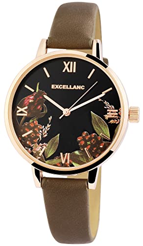 Excellanc Modische Design Damen Armband Uhr Schwarz Braun Gold Blumen Motiv Analog Kunst Leder Quarz 91900215004 von Excellanc