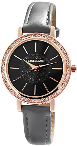 Excellanc Modische Design Damen Armband Uhr Schwarz Grau Rosègold Strass Kristalle Analog Kunst Leder Quarz 91900236002 von Excellanc