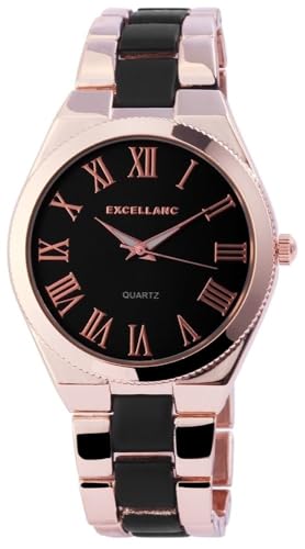 Excellanc Modische Design Damen Armband Uhr Schwarz Rosègold Römische Ziffern Analog Metall Quarz 91800020008 von Excellanc