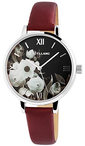 Excellanc Modische Design Damen Armband Uhr Schwarz Rot Braun Blumen Motiv Analog Kunst Leder Quarz 91900213003 von Excellanc