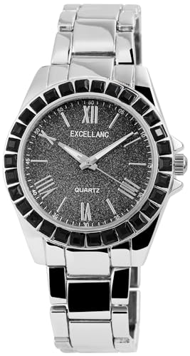 Excellanc Modische Design Damen Armband Uhr Schwarz Silber Strass Steine Römische Ziffern Analog Metall Quarz 91800131005 von Excellanc