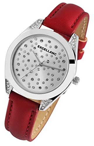 Excellanc Modische Design Damen Armband Uhr Silber Rot Analog Kunst Leder Strass Crystals Quarz 91900176009 von Excellanc