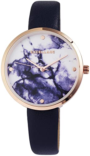 Excellanc Modische Design Damen Armband Uhr Weiß Blau Rosègold Marmor Look Analog Kunst Leder Quarz 91900115004 von Excellanc
