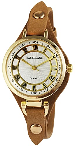 Excellanc Modische Design Damen Armband Uhr Weiß Braun Gold Römische Ziffern Unterlegarmband Analog Kunst Leder Quarz 91900021005 von Excellanc