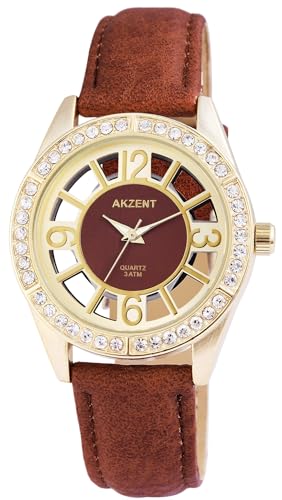 Excellanc Modische Design Damen Armband Uhr Weiß Braun Gold Strass Kristalle Glasboden Analog Kunst Leder 3ATM Quarz 9SS8004000016 von Excellanc