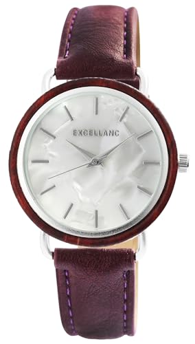 Excellanc Modische Design Damen Armband Uhr Weiß Braun Perlmutt Gehäusering aus Holz Analog Kunst Leder Quarz 91900244003 von Excellanc