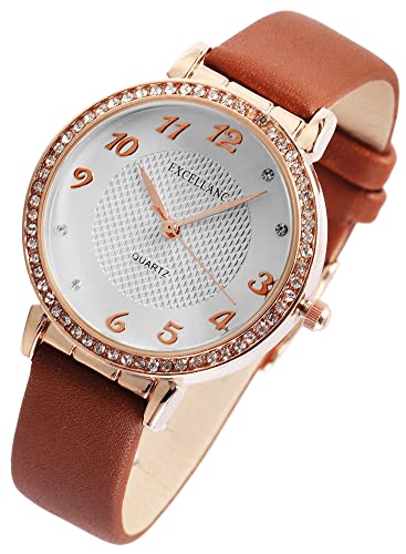 Excellanc Modische Design Damen Armband Uhr Weiß Braun Rosègold Strass Kristalle Analog Kunst Leder Quarz 91900106003 von Excellanc