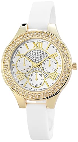 Excellanc Modische Design Damen Armband Uhr Weiß Gold Strass Crystals Analog Chrono Look Silikon Quarz 9195202500030 von Excellanc