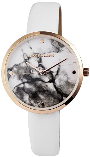 Excellanc Modische Design Damen Armband Uhr Weiß Schwarz Rosègold Marmor Look Analog Kunst Leder Quarz 91900115001 von Excellanc