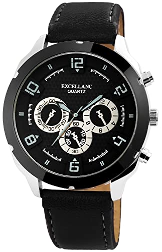 Excellanc Modische Design Herren Armband Uhr Schwarz Silber Analog Chrono-Look Kunst Leder Quarz 92900055005 von Excellanc