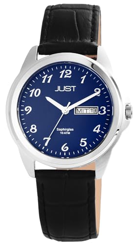 Excellanc Modische Herren Armband Uhr Blau Schwarz Analog Datum & Tag Saphirglas Echt Leder 10ATM Quarz 9JU20125003 von Excellanc