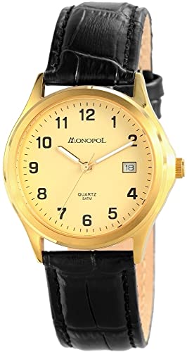 Excellanc Modische Herren Armband Uhr Gold Schwarz Analog Datum Echt Leder 5ATM Quarz 9331604500003 von Excellanc