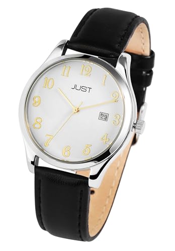 Excellanc Modische Herren Armband Uhr Weiß Schwarz Gold Analog Datum Echt Leder 5ATM Quarz 9JU20045003 von Excellanc