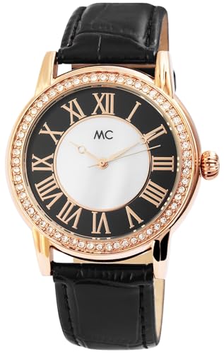 Excellanc Modische MC Timetrend Germany Damenuhr Schwarz Weiß Rosègold Perlmutt Analog Echt Leder Strass Kristalle Quarz 951506 von Excellanc