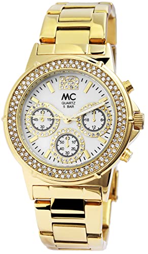 Excellanc Modische MC Timetrend Germany Design Damen Armband Uhr Weiß Gold Analog Chrono Look Strass Crystals Metall 5ATM 50M Quarz 927693 von Excellanc