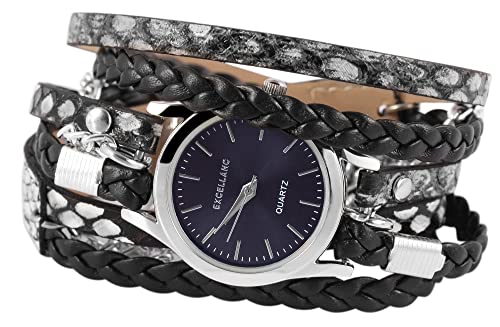 Excellanc Modische Wickelarmband Damenuhr Blau Schwarz Analog Kunst Leder Band Quarz 91900180003 von Excellanc