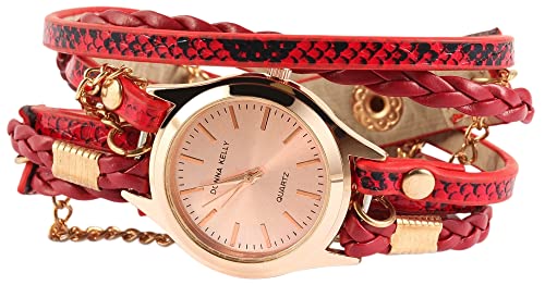 Excellanc Modische Wickelarmband Damenuhr Rosa Rosègold Rot Analog Kunst Leder Quarz 91900044010 von Excellanc