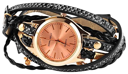 Excellanc Modische Wickelarmband Damenuhr Rosa Rosègold Schwarz Analog Kunst Leder Quarz 91900044006 von Excellanc