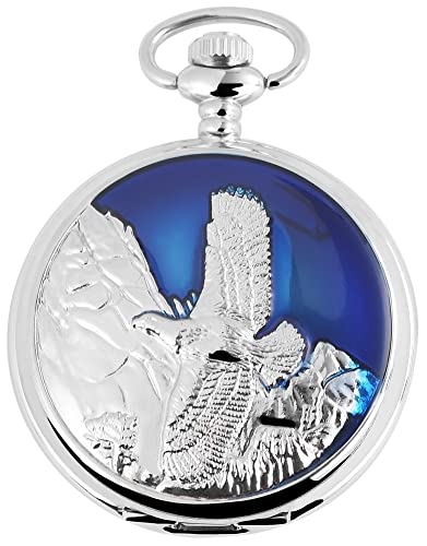 Excellanc Motiv Taschenuhr Adler Vogel Motiv + Kette und Clip Weiß Blau Silber Sprungdeckel Analog Quarz 9480722000024 von Excellanc