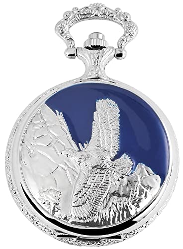 Excellanc Motiv Taschenuhr Adler Vogel Motiv + Kette und Clip Weiß Blau Silber Sprungdeckel Analog Quarz 9480822000027 von Excellanc