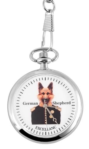 Excellanc Motiv Taschenuhr Deutscher Schäferhund Motiv + Kette und Clip Weiß Silber Analog Quarz 94000024001 von Excellanc