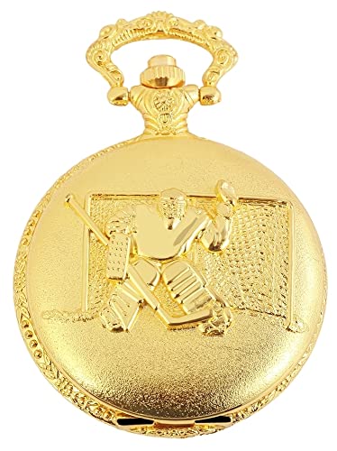 Excellanc Motiv Taschenuhr Eishockey Torwart Motiv + Kette und Clip Weiß Gold Sprungdeckel Analog Quarz 9480802000077 von Excellanc