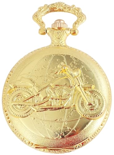 Excellanc Motiv Taschenuhr Motorrad Globus Motiv + Kette und Clip Weiß Gold Sprungdeckel Analog Quarz 9480802000095 von Excellanc