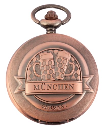 Excellanc Motiv Taschenuhr München Bier Gläser Motiv + Kette und Clip Weiß Kupfer Sprungdeckel Analog Quarz 94000028004 von Excellanc