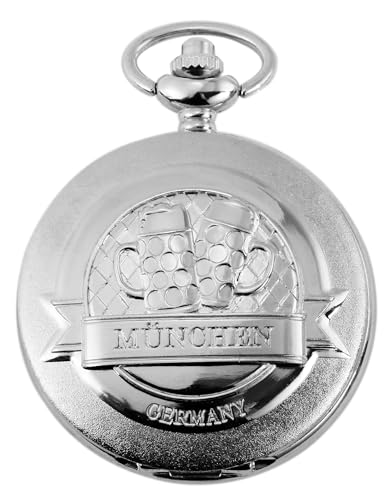 Excellanc Motiv Taschenuhr München Bier Gläser Motiv + Kette und Clip Weiß Silber Sprungdeckel Analog Quarz 94000028001 von Excellanc