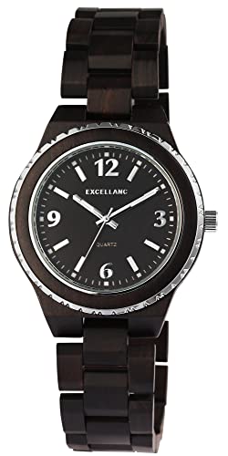 Excellanc Unisex-Holzuhr Leuchtzeiger Faltschließe Analog Quarz 2810007 (Schwarzholz) von Excellanc