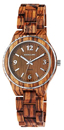 Excellanc Unisex-Holzuhr Leuchtzeiger Faltschließe Analog Quarz 2810007 (Zebraholz) von Excellanc