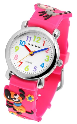 Kinder Armband Uhr Weiß Pink Katze & Hund Eichhörnchen Nilpferd Lernuhr Jungen Mädchen Kids Tiere 94500033001 von Excellanc