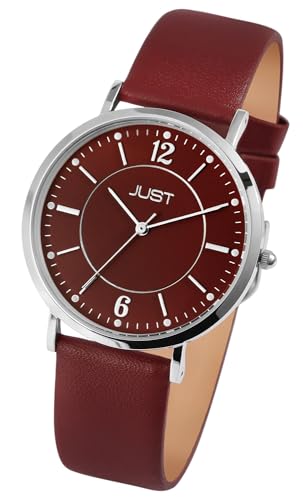 Klassische Damen Armband Uhr Rot Silber Edelstahl Echt Leder Analog Quarz 5ATM Fashion 9JU10201002 von Excellanc