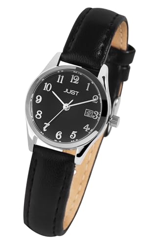 Klassische Damen Armband Uhr Schwarz Edelstahl Echt Leder Analog Datum Quarz 5ATM Fashion 9JU10040002 von Excellanc