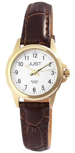 Klassische Damen Armband Uhr Weiß Braun Gold Edelstahl Echt Leder Analog Quarz 10ATM Fashion 9JU10084009 von Excellanc
