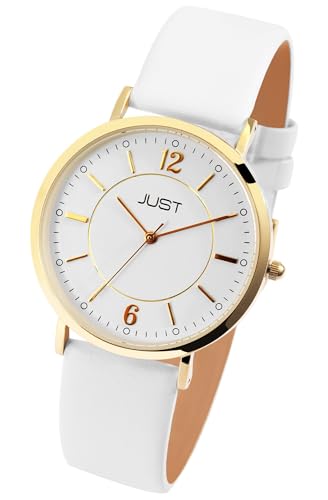 Klassische Damen Armband Uhr Weiß Gold Edelstahl Echt Leder Analog Quarz 5ATM Fashion 9JU10201003 von Excellanc