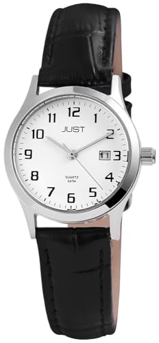 Klassische Damen Armband Uhr Weiß Schwarz Silber Edelstahl Echt Leder Analog Datum Quarz 5ATM Fashion 9JU10118003 von Excellanc