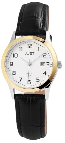Klassische Damen Armband Uhr Weiß Schwarz Silber Gold Edelstahl Echt Leder Analog Datum Quarz 5ATM Fashion 9JU10118005 von Excellanc