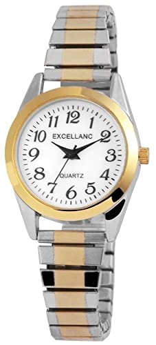 Klassische Damen Armband Uhr Weiß Silber Gold Edelstahl Zugband Stretch Analog 91700022001 von Excellanc