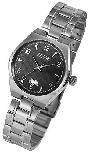 Klassische Flair Herren Armband Uhr Schwarz Silber Analog Datum Edelstahl Metall Quarz Männer 92800092001 von Excellanc