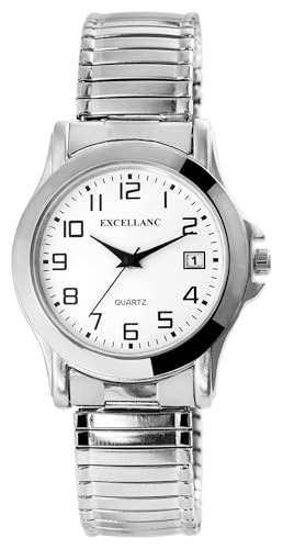 Klassische Herren Armband Uhr Weiß Silber Datum Edelstahl Zugband Stretch 92700022001 von Excellanc