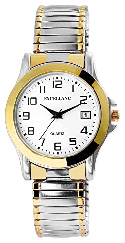 Klassische Herren Armband Uhr Weiß Silber Gold Datum Edelstahl Zugband Stretch 92700022003 von Excellanc