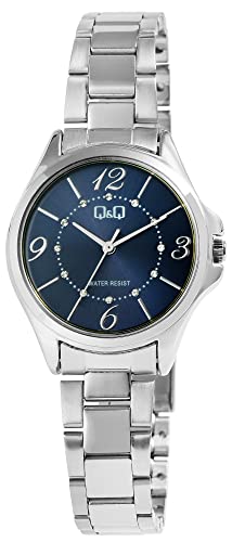 Klassische Q&Q Damen Armband Uhr Blau Silber Analog Strass Crystals Edelstahl Quarz 3ATM Frauen 9Q44A003PY von Excellanc