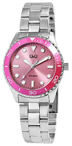 Klassische Q&Q Damen Armband Uhr Pink Silber Analog Edelstahl Quarz 5ATM Frauen 9Q55A004PY von Excellanc