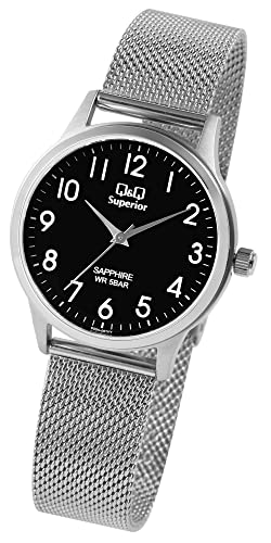 Klassische Q&Q Damen Herren Armband Uhr Schwarz Silber Analog Saphirglas Edelstahl Milanaise Meshband 5ATM Quarz 9S03A001VY von Excellanc