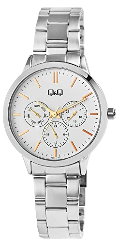 Klassische Q&Q Damen Herren Armband Uhr Weiß Silber Rosègold Analog Datum Chronograph Edelstahl 5ATM Quarz 9A04A001PY von Excellanc