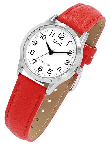 Klassische Q&Q by Citizen Damen Armband Uhr Weiß Rot Analog Kunst Leder 3ATM Quarz Frauen 9C11A019PY von Excellanc