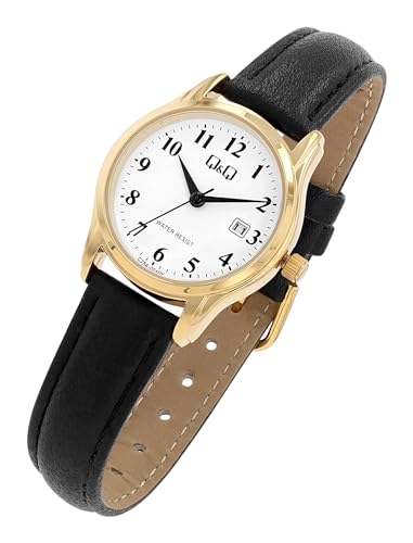 Klassische Q&Q by Citizen Damen Armband Uhr Weiß Schwarz Gold Analog Kunst Leder 3ATM Quarz Frauen 9C28A004PY von Excellanc