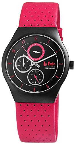 Lee Cooper Damenuhr Schwarz Pink Analog Quarz Tag & Datum Komplikationen Metall Echt-Leder Armbanduhr von Excellanc