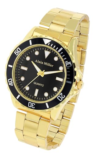 Modische Alain Miller Herren Armband Uhr Schwarz Gold Analog Edelstahl Quarz 92800012001 von Excellanc